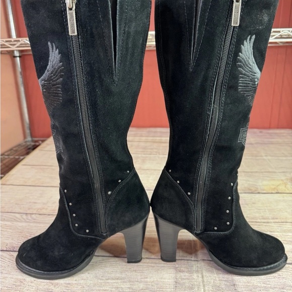 Harley Davidson Black Suede Knee High Boots Womens 7 Logo Wings Embroidery - Picture 4 of 8